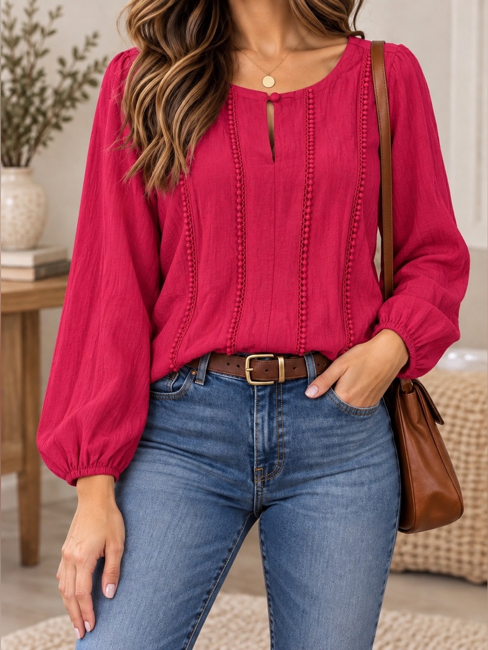 Counterparts Deep Pink Long-Sleeve Pintuck Lace-Trim Top
